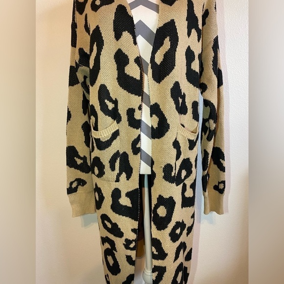 Vestidos Tan Black Leopard Print Cardigan Womens‎ SZ L Duster Open Front sweater - Picture 3 of 7